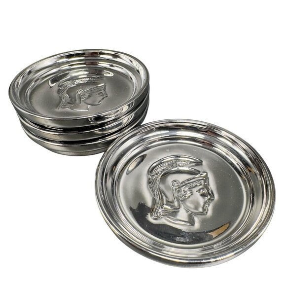 MCM Kimiko Silver Glass Tone Metal Coasters Guardian Crest Barware Set 4 Japan - Picture 1 of 12